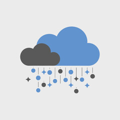 Minimalist illustration of blue and grey clouds with raindrop symbols and sparkling stars on a light background.