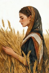 A vivid scene of Ruth gleaning in the fields of Boaz, surrounded by golden sheaves of wheat under a clear sky, her face reflecting determination and kindness as she gathers grain with care.

