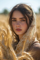 A vivid scene of Ruth gleaning in the fields of Boaz, surrounded by golden sheaves of wheat under a clear sky, her face reflecting determination and kindness as she gathers grain with care.

