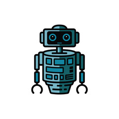 Fototapeta premium Illustration of a simplistic blue robot with black details, featuring a boxy head and cylindrical body against a white background.