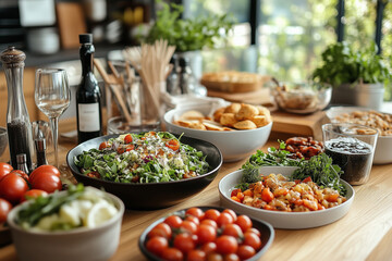 Fototapeta premium A beautifully arranged table displaying an array of fresh salads, snacks, and beverages for a delightful gathering