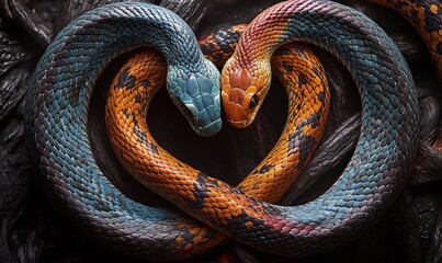 Obraz premium Two snakes forming a heart shape with their bodies