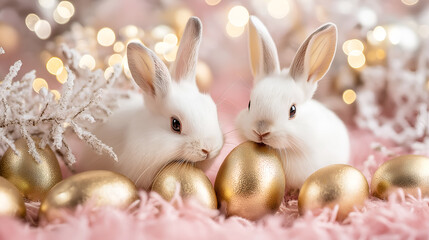 Two Easter rabbit are playing with golden eggs