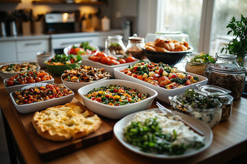 Fototapeta premium A beautifully arranged dining table showcasing an array of colorful dishes prepared for a festive gathering in a cozy kitchen