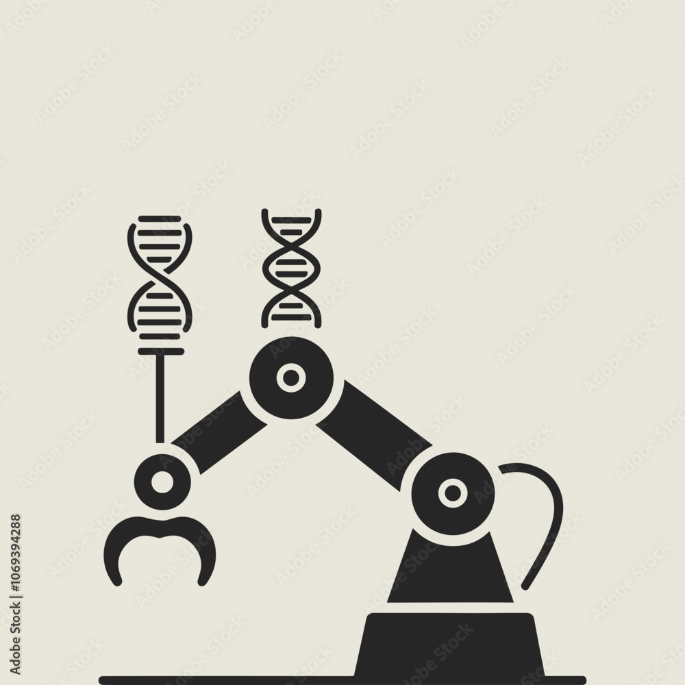 Poster robotic arm with dna structure symbolizes advanced genetic engineering technology and innovation.