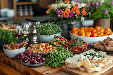 A beautifully arranged dining table showcasing a variety of colorful dishes and fresh ingredients for a delightful brunch gathering
