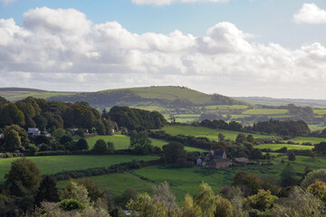 beautiful rolling hills of countryside in Dorset England. Blackmore vale scenic landscape viewed...