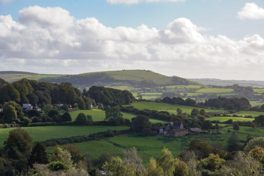 beautiful rolling hills of countryside in Dorset England. Blackmore vale scenic landscape viewed from Shaftesbury 