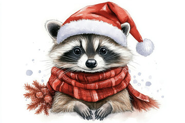 Watercolor illustration of a cute raccoon wearing a santa hat and a red scarf, creating a cheerful christmas atmosphere
