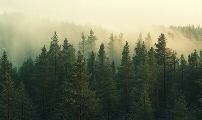 Norwegian woods in winter with misty pine trees