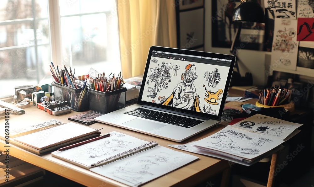 Poster the workspace showcases a laptop in use, surrounded by notebooks, sketches, and various creative mat