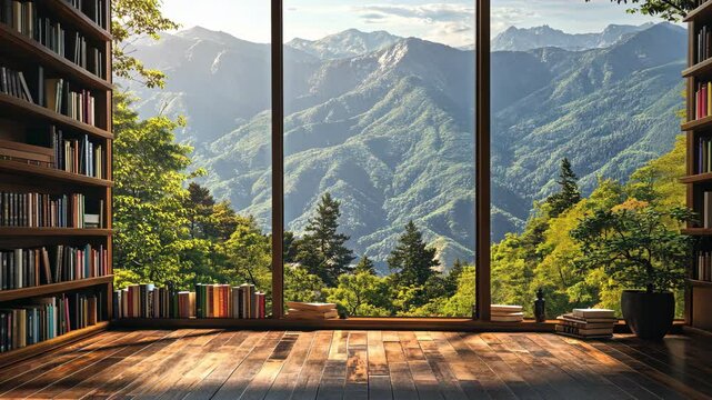 A cozy reading nook with a view of mountains and trees
