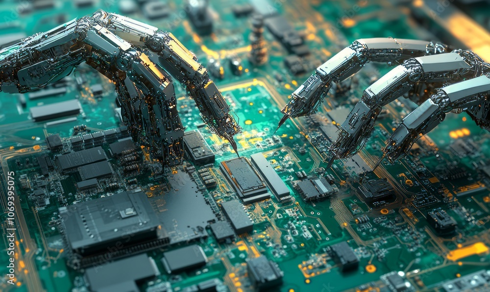 Aufkleber robots assembling intricate circuit boards in an electronics manufacturing facility, robotic electro