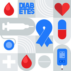 Illustration of World diabetes day awareness concept. Blood drop and blue circle of universal symbol. Support for the fight against diabetes. Modern geometric seamless pattern.