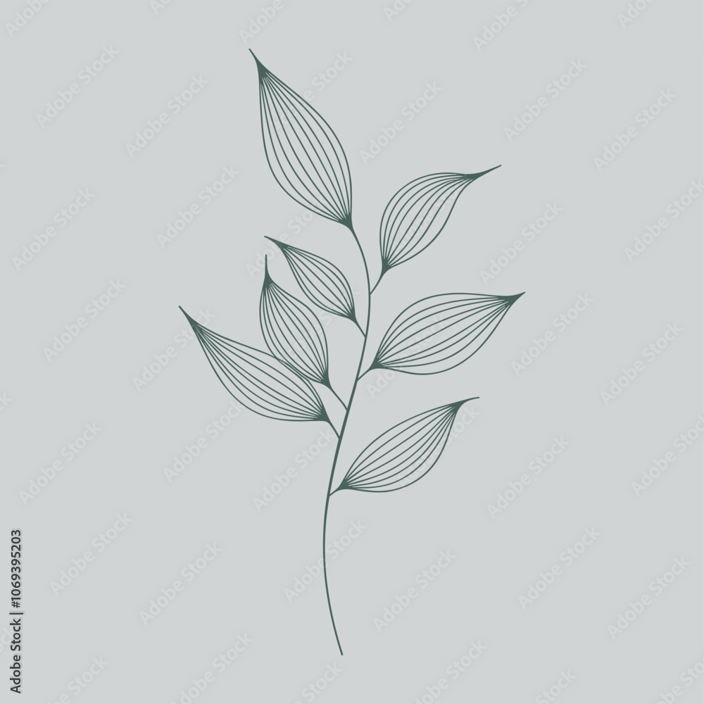 Poster minimalist line art of a leaf with intricate details on a soft pastel background, creating a serene 