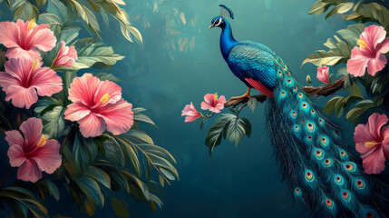 Obraz premium Majestic peacock perched among vibrant pink flowers in lush greenery
