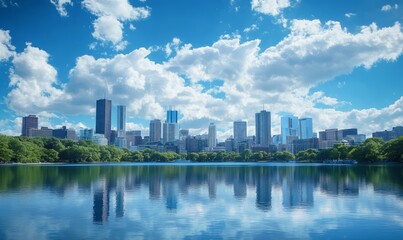 Fototapeta premium Skyline view of city buildings with reflective water and cloudy blue sky