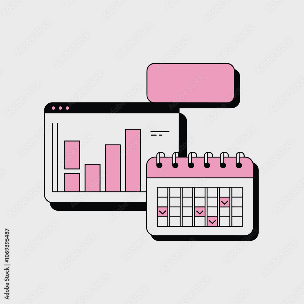 Poster illustration of a pink and white bar chart on a computer screen next to a calendar with checkmarks, 