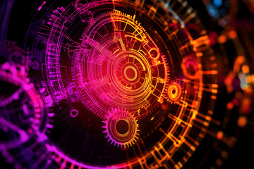 Obraz premium Vivid outline of interconnected gears and cogs in a complex system, highlighted by neon colors on a black backdrop.
