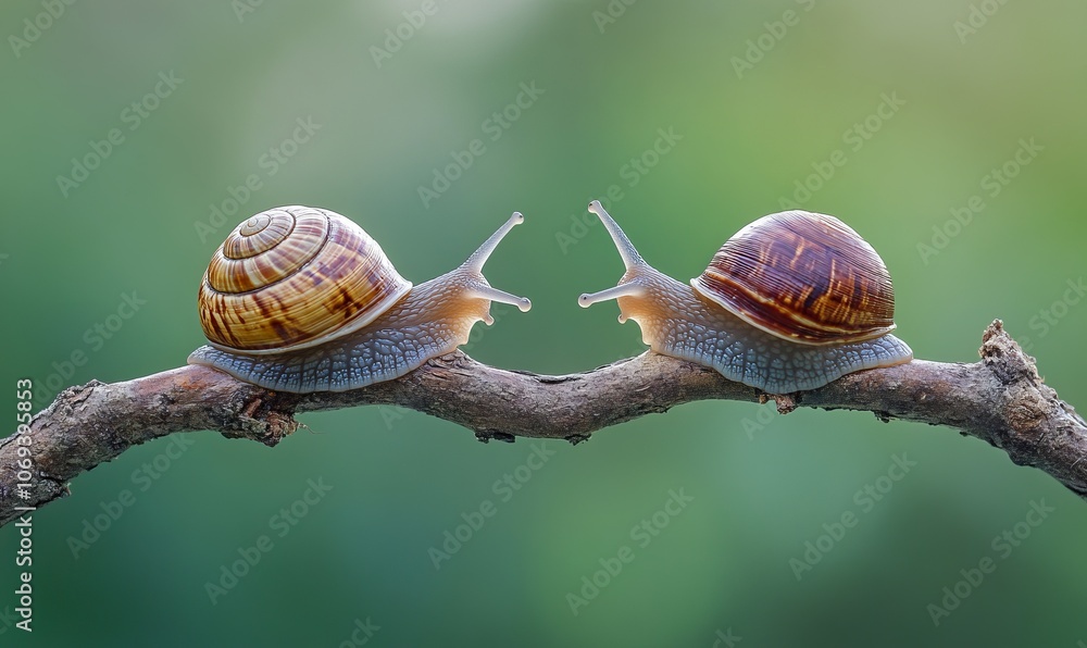 Poster two snails facing each other, separated by a gap in a broken twig, with a blurred green background. 