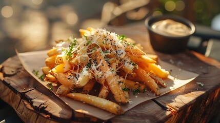 Golden crispy French fries seasoned with truffle oil and Parmesan cheese served on a wooden plank with garlic aioli on the side in the gentle sunlight of an outdoor setting