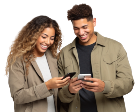 Laughing adult phone white background. - Powered by Adobe