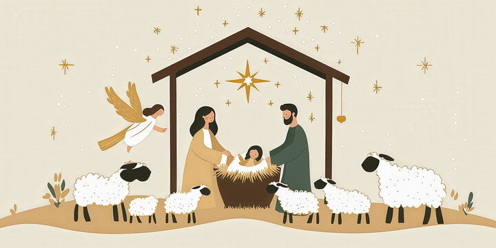 Ilustracion colorida del portal de Bel&eacute;n con la estrella dorada, la sagrada familia, angel&eacute;s y ovejas, en tonos beiges, dorados y verdes. Concepto celebracion del nacimiento de Jes&uacute;s, navidad