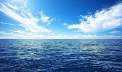Obraz premium The vast expanse of the ocean stretches out before a clear blue sky dotted with wispy white clouds