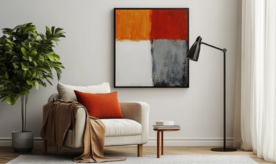 Realistic framed art print mockup on gallery wall