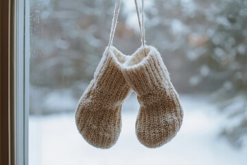 Woolen mittens hanging from a frosty windowpane  embracing the warmth of winter holidays