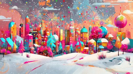 Naklejka premium Bright Fireworks Over Colorful Winter Scene In The Old European Town
