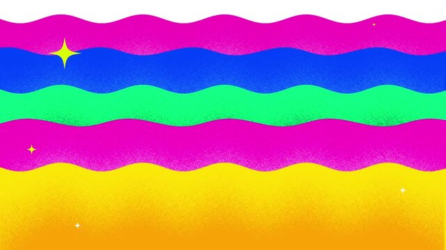 Bright wavy stripes in pink blue green and yellow with small stars; suitable for colorful graphic designs, backgrounds, and digital art projects.