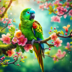 Colorful Parrot on a Branch
A vibrant parrot perched on a tropical tree branch in full bloom