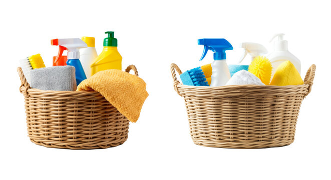 Cleaning supplies arranged in two wicker baskets highlighting various products for home sanitation and maintenance