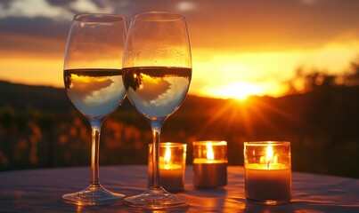 Two wine glasses alongside lit candles on a table, with a warm sunset reflecting off the glasses