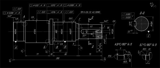 Assembly drawing of shaft of electrical reducer.
Vector design of steel mechanical device with 
dimension lines.
Engineering technic computer cad scheme on 
paper sheet. Hand drawn pencil sketch.