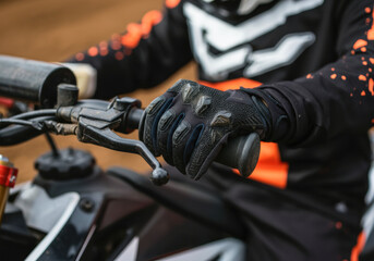 Naklejka premium Rider gripping handlebars on a motocross bike during a challenging ride at a dirt track in the afternoon sun