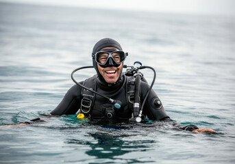 Smiling scuba diver enjoying the ocean in a wetsuit while bobbing in calm waters near a tropical shoreline