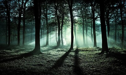 Fototapeta premium Tall trees rise in a mysterious forest at night, their shadows stretching across the ground as faint moonlight breaks through the canopy, creating an eerie atmosphere