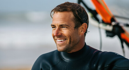 A smiling surfer prepares for the waves at a beach during a sunny day in summer, showcasing excitement and readiness for the sport