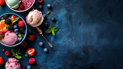 Fototapeta premium Fresh ice cream with colorful toppings, perfect summer treat on ceramic table, AI generated image