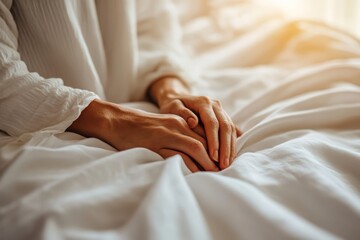 Tender hands embracing a white sheet in a hospital room, evoking comfort and care for patients