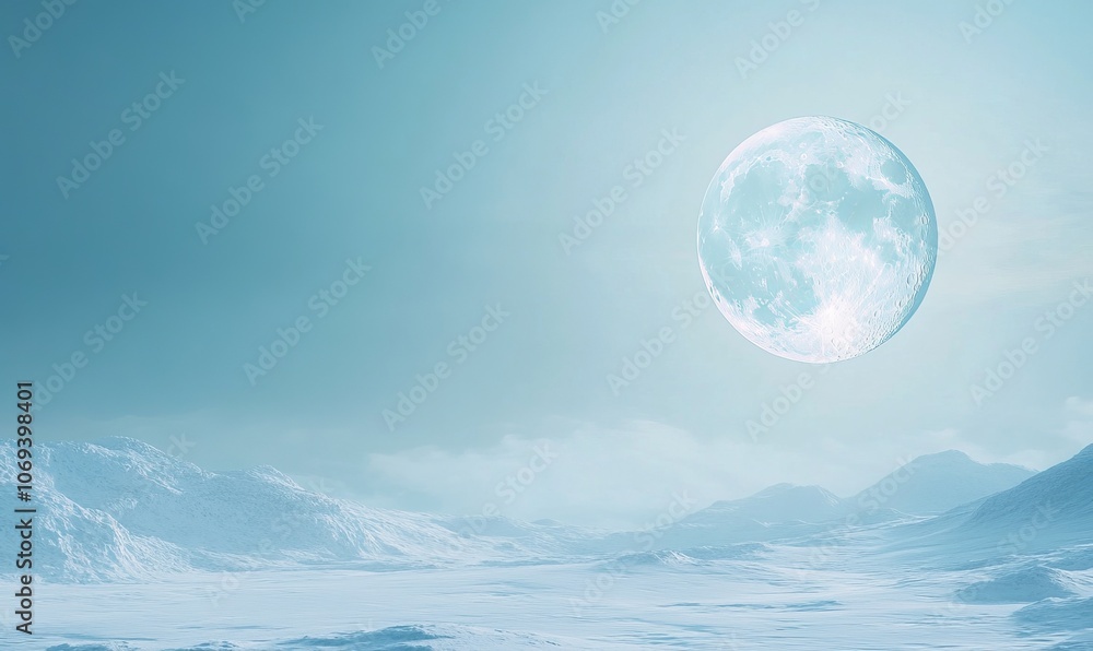 Poster tranquil winter scenes with a full moon and clear skies, where the main part of the image is a plain