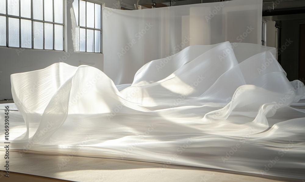 Poster translucent plastic sheets lay draped on a flat surface, forming soft, flowing patterns that catch t