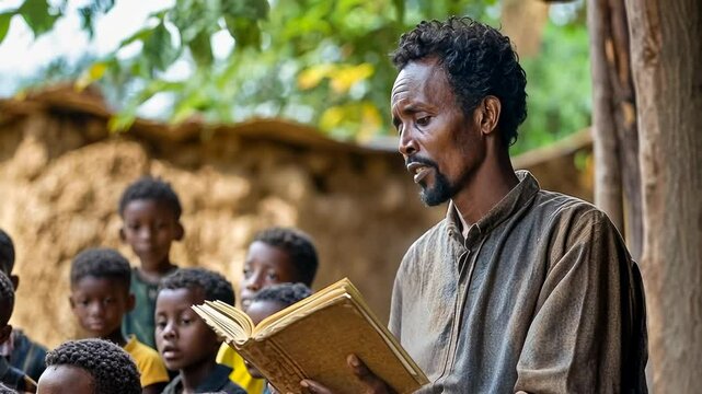 An African male teacher reads from a book to attentive children in a rural outdoor classroom. Dressed in traditional clothes, he educates during daylight, embodying the spirit of community learning