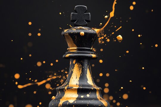 Pi&egrave;ce d'&eacute;chiquier avec &eacute;clats de peinture noire et dor&eacute;e sur fond sombre..