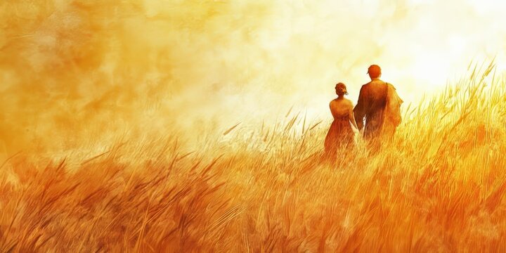 Serene abstract illustration of Ruth and Boaz in golden fields, evoking storytelling and peace, biblical scene, religious concept