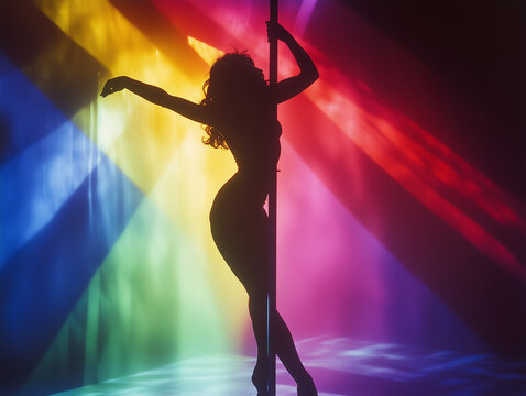 Silhouette d'une artiste sexy et &eacute;l&eacute;gante qui r&eacute;alise une performance de pole dance &agrave; une barre dans une bo&icirc;te de nuit sous une lumi&egrave;re multicolore, photographie r&eacute;tro