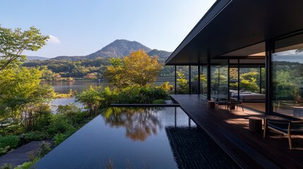 A serene modern house with large glass windows overlooks a tranquil lake and lush greenery, framed by distant mountains, perfect for wellness retreats, architecture projects, or nature-themed content