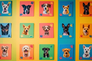 Colorful display of dog donation hero cards with playful graphics.